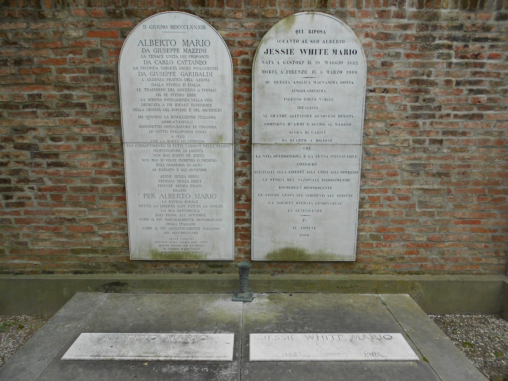 Le lapidi della tomba di Alberto Mario e Jessie White Mario nel cimitero di Lendinara