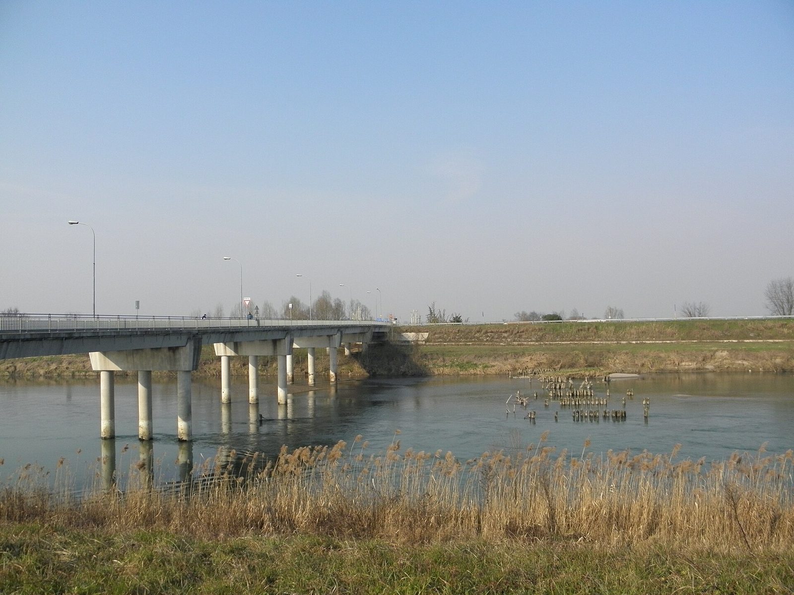 Il ponte stradale sull'Adige a Lusia, con il fiume e le rive erbose