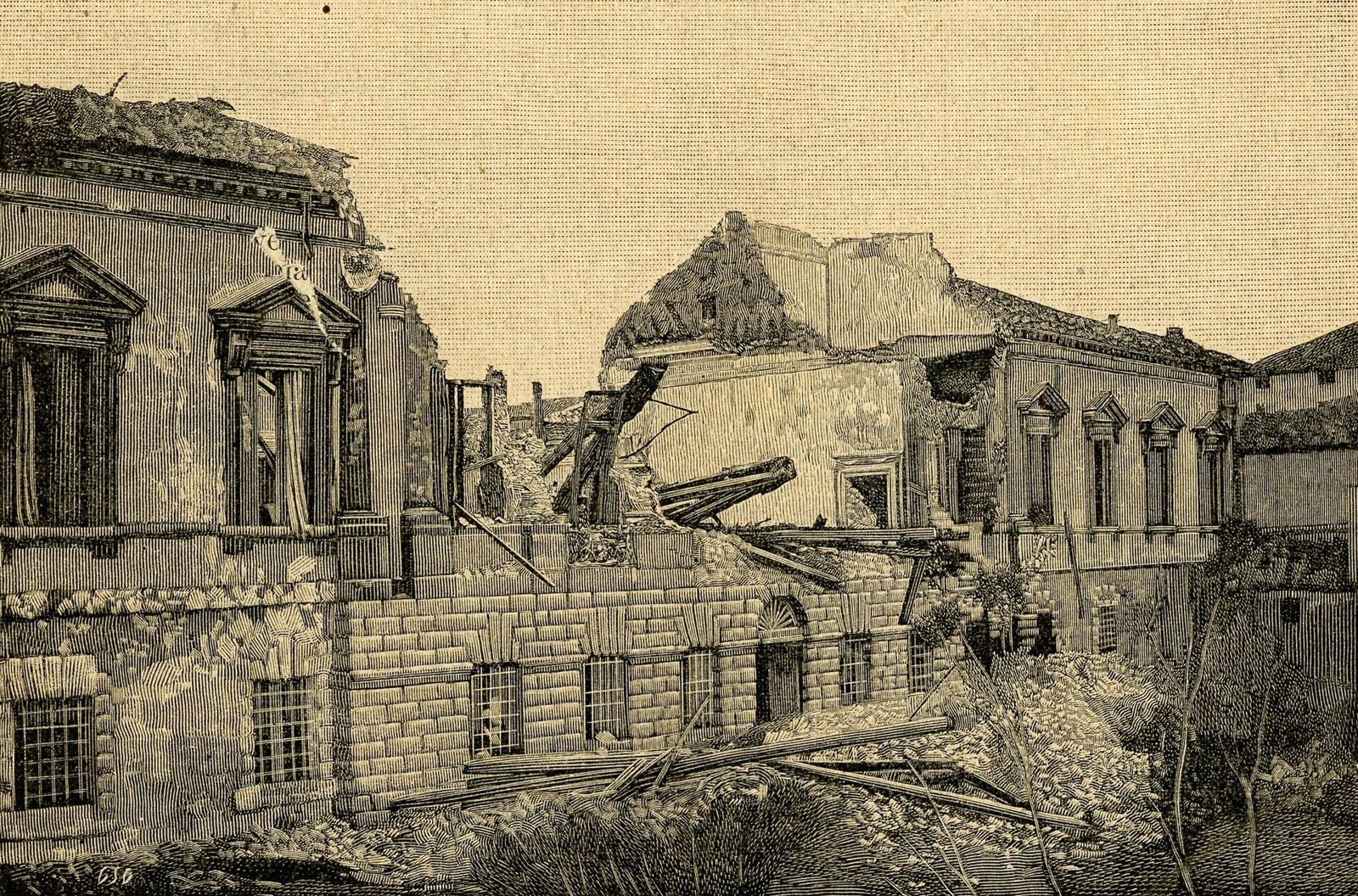 Xilografia del 1892: le rovine del palazzo comunale di Polesella dopo un ciclone