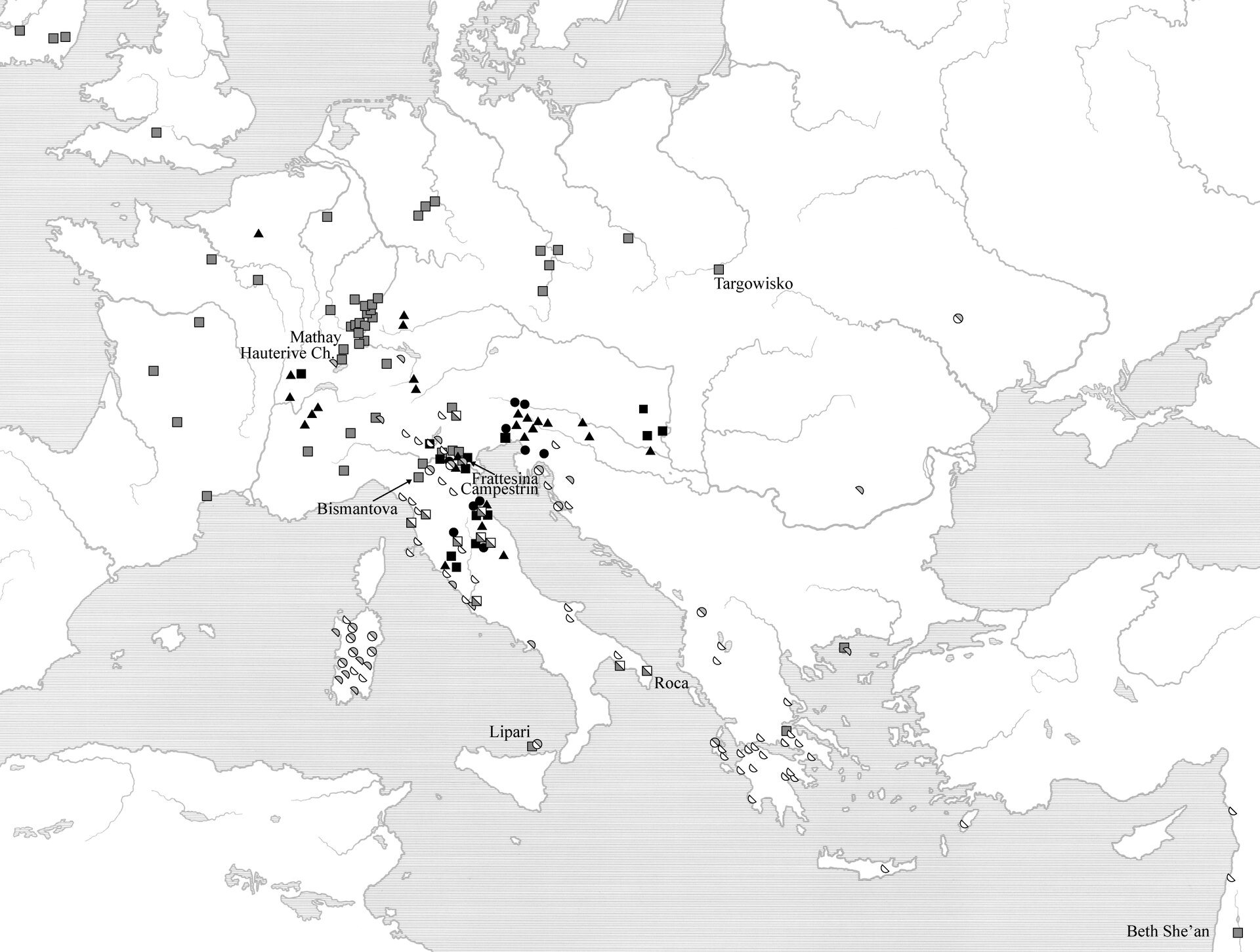 Carta della distribuzione in Europa dei manufatti in ambra, vetro e bronzo prodotti a Frattesina